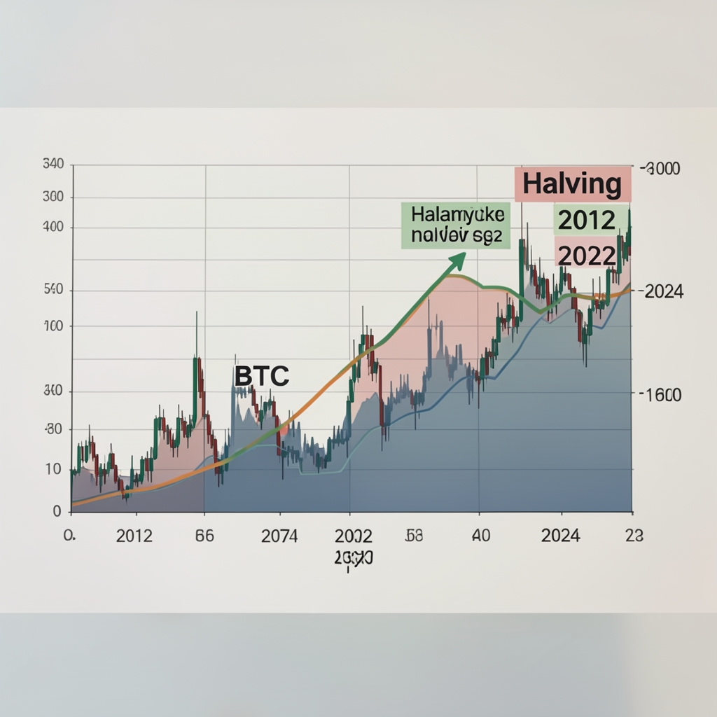 Vizualizace Bitcoin halving cyklu s grafem historické ceny BTC a vyznačenými daty halvingů v letech 2012 až 2024