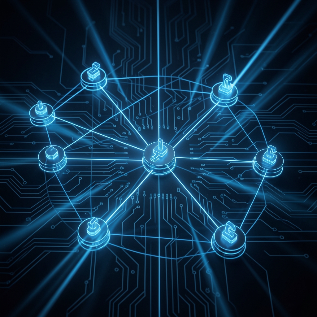 Vizualizace decentralizované finanční sítě DeFi s propojenými uzly blockchainové technologie na temném digitálním pozadí s modrými světelnými paprsky