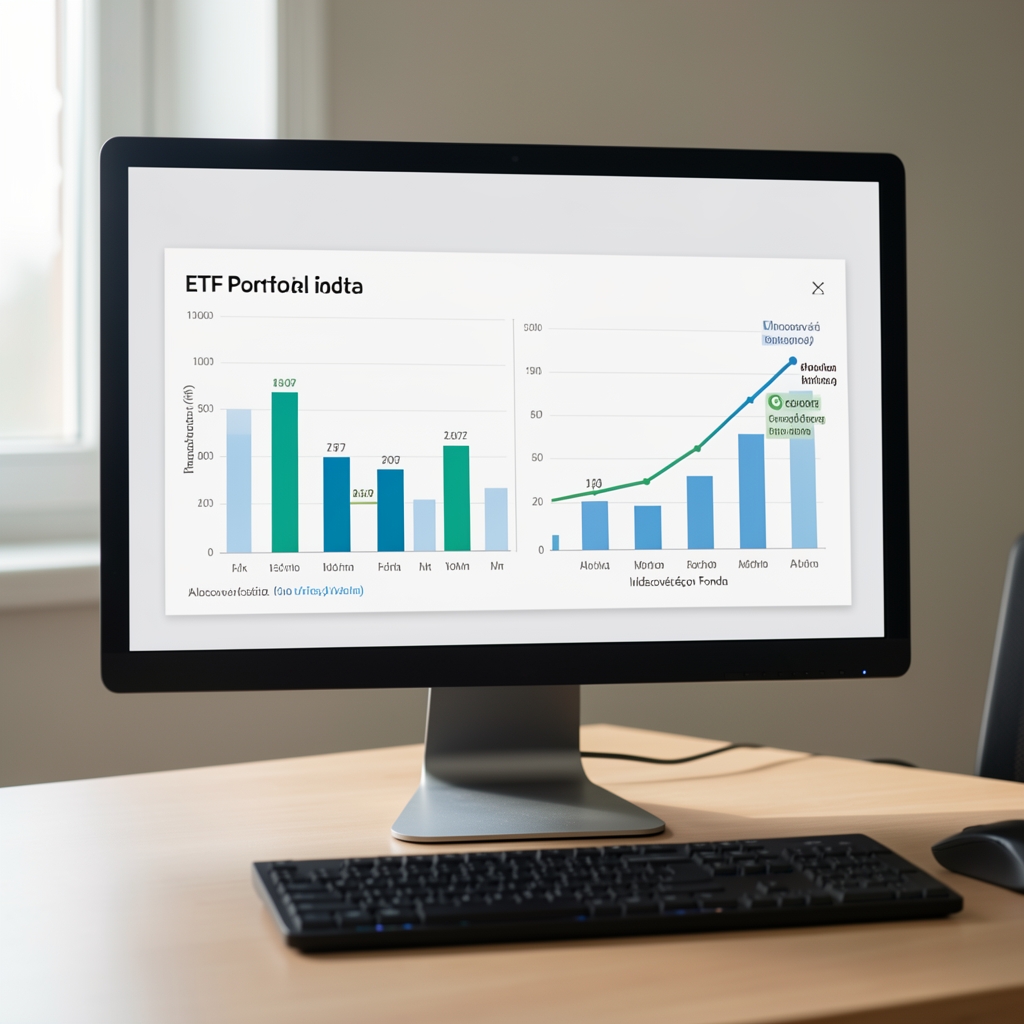 Grafické zobrazení ETF portfolia na monitoru počítače s diagramy alokace aktiv a výnosovou křivkou indexového fondu