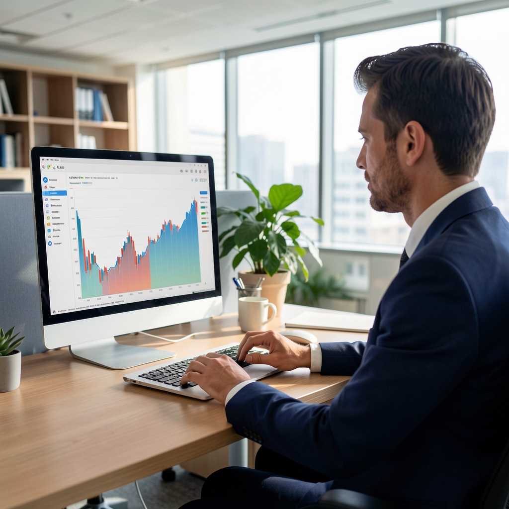 Investor sleduje výkonnost ETF portfolia na moderním laptopovém monitoru v kancelářském prostředí