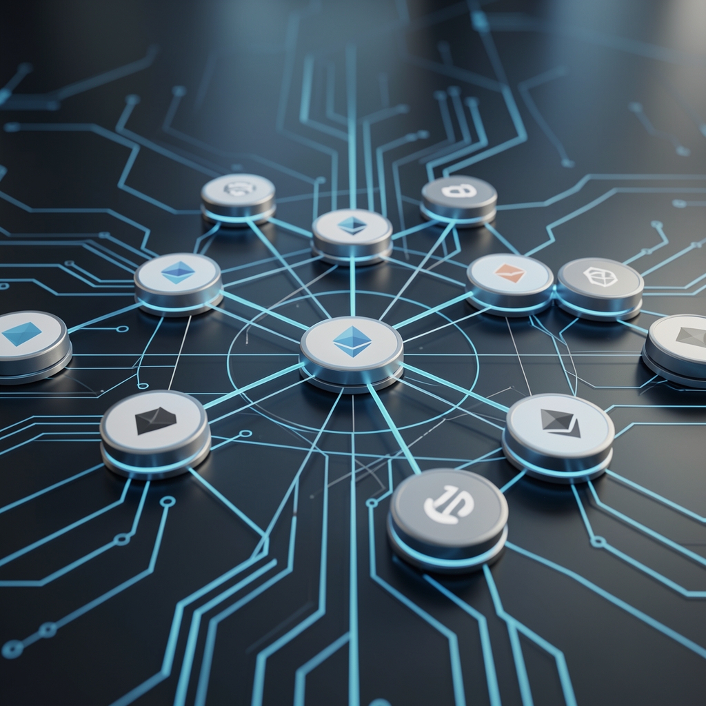Vizualizace decentralizované finanční sítě DeFi s uzly protokolů na Ethereum blockchainu