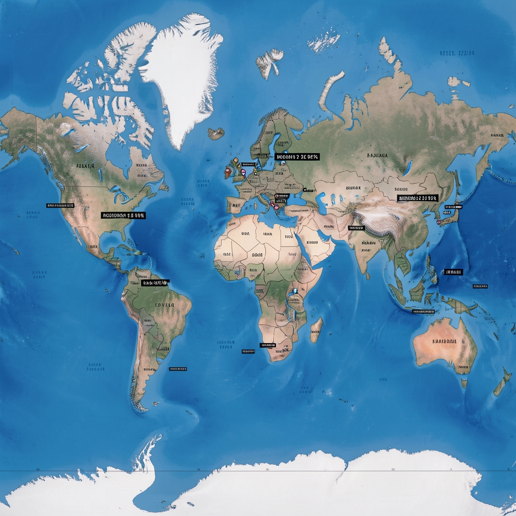 Mapa světa s vyznačenými hlavními globálními akciovými trhy a jejich výnosy za posledních 12 měsíců