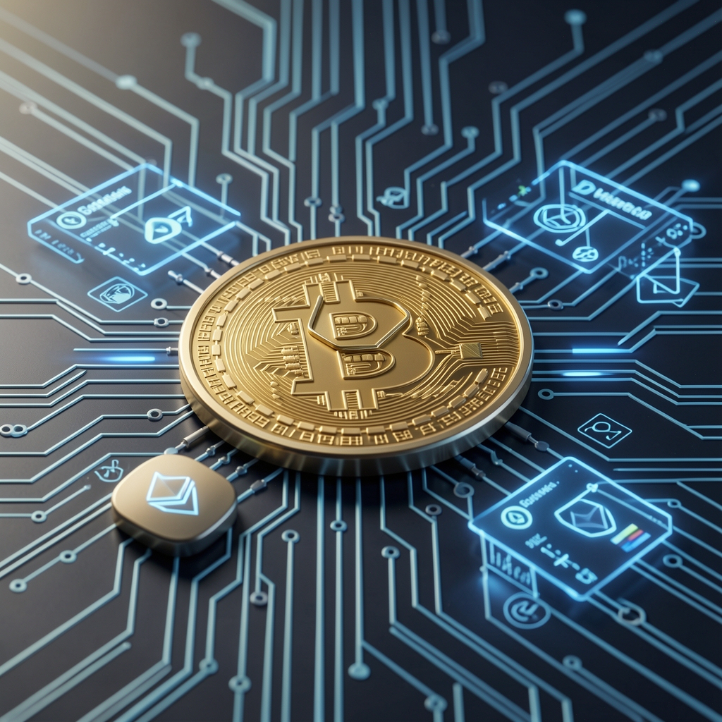 Vizuální reprezentace blockchainu s ikonami kryptoměn Bitcoin a Ethereum a digitálními transakcemi