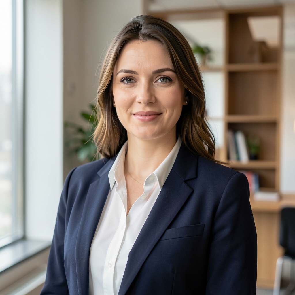 Profesionální portrét Bc. Lucie Kratochvílové, lektorky kryptoměn a blockchainu, ve formálním oděvu